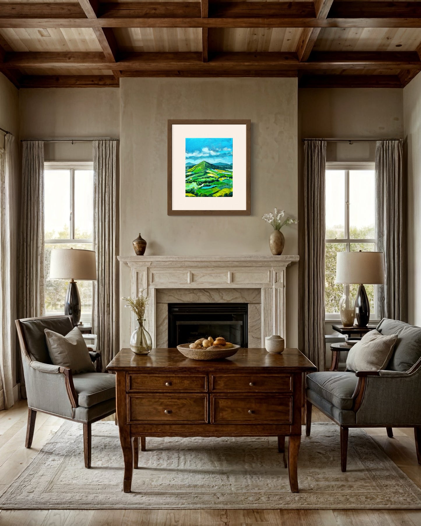 Limited edition print of British camp on Malvern Hills from an original painting by Margaret Powell Worcestershire Artist available to buy. On this photo it is shown in a sitting room setting other sizes available.