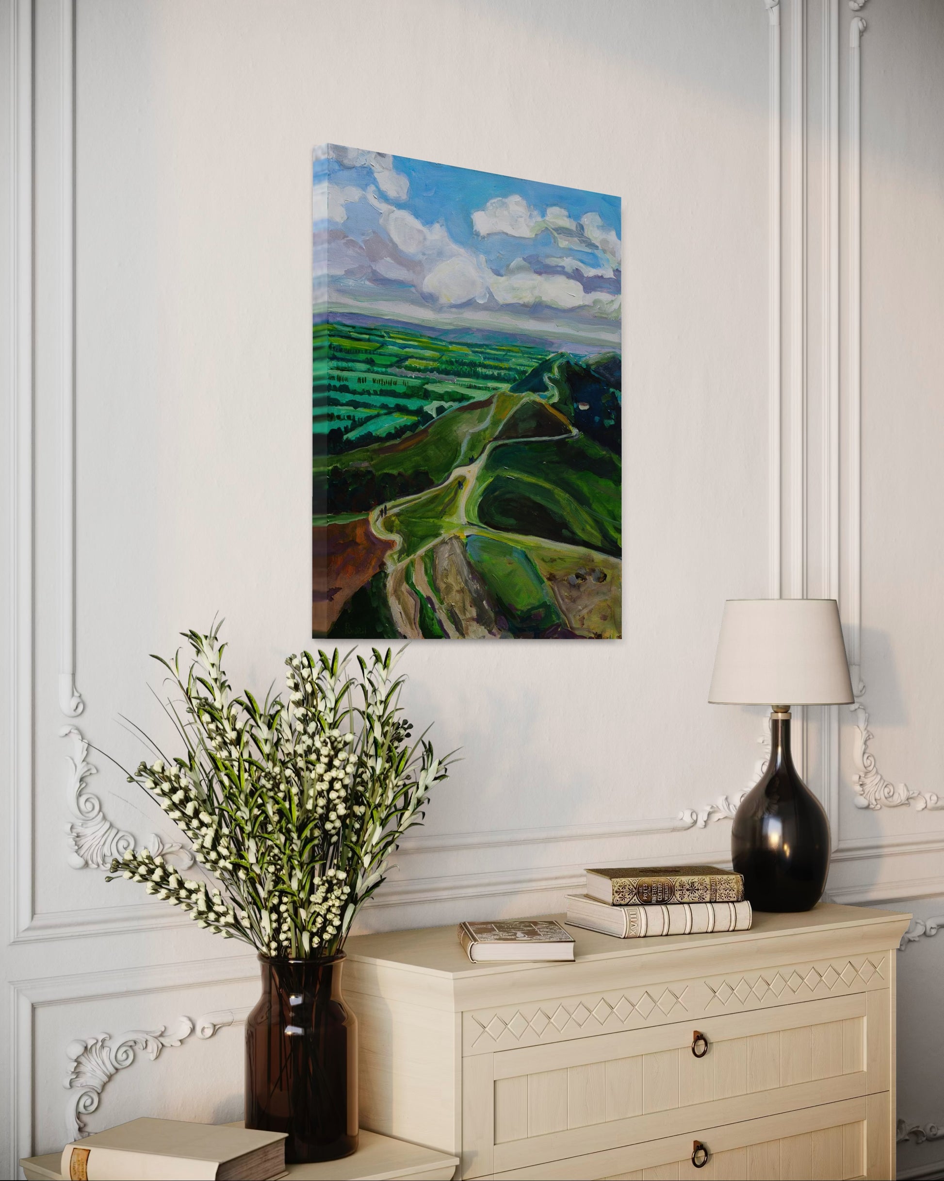 Malvern hills original art by Margaret Powell - Malvern hills ridge with clouds in a room setying