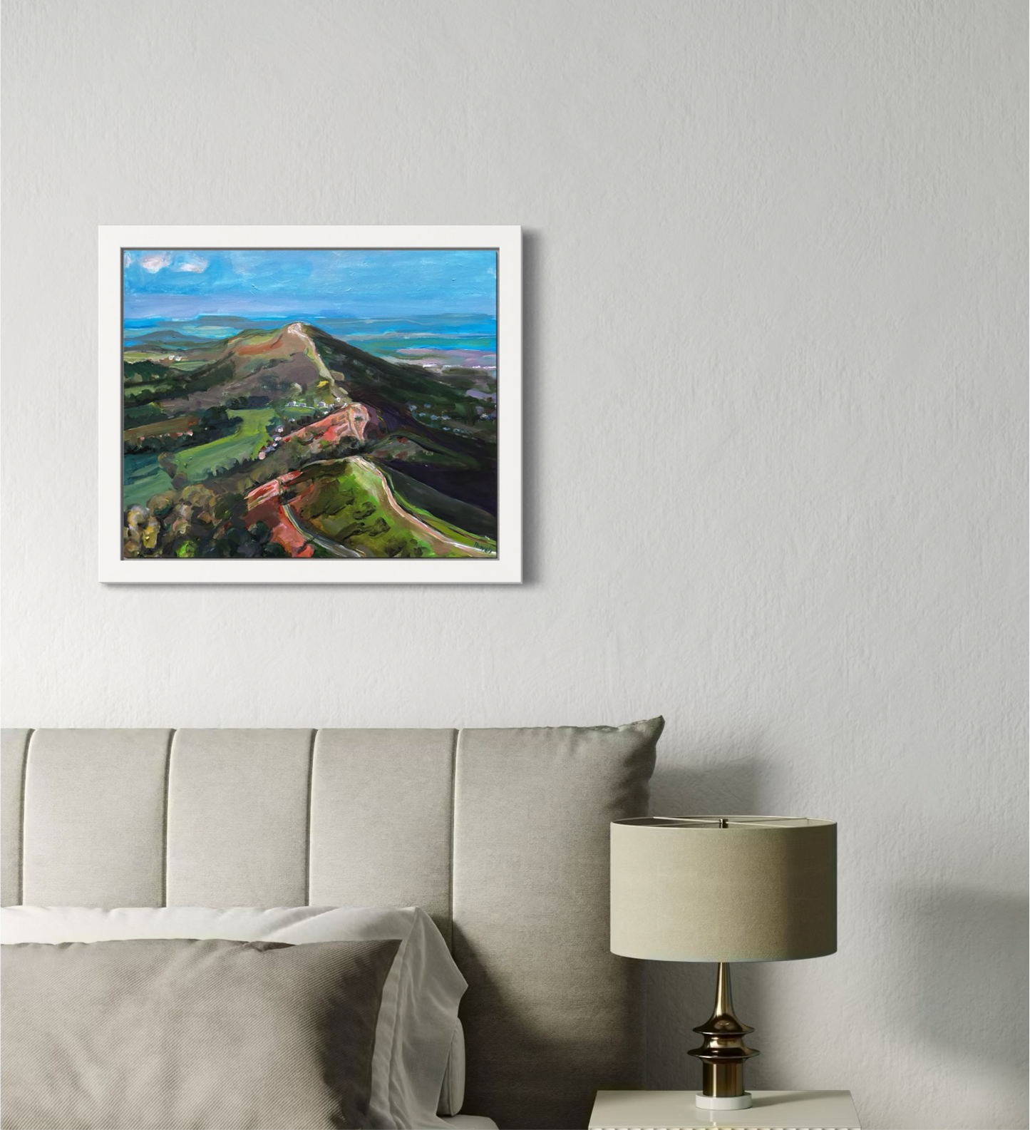September hike on Morven Hills, on original painting by Worcester Artist Margaret powell is shown here frame in white in a room setting.
