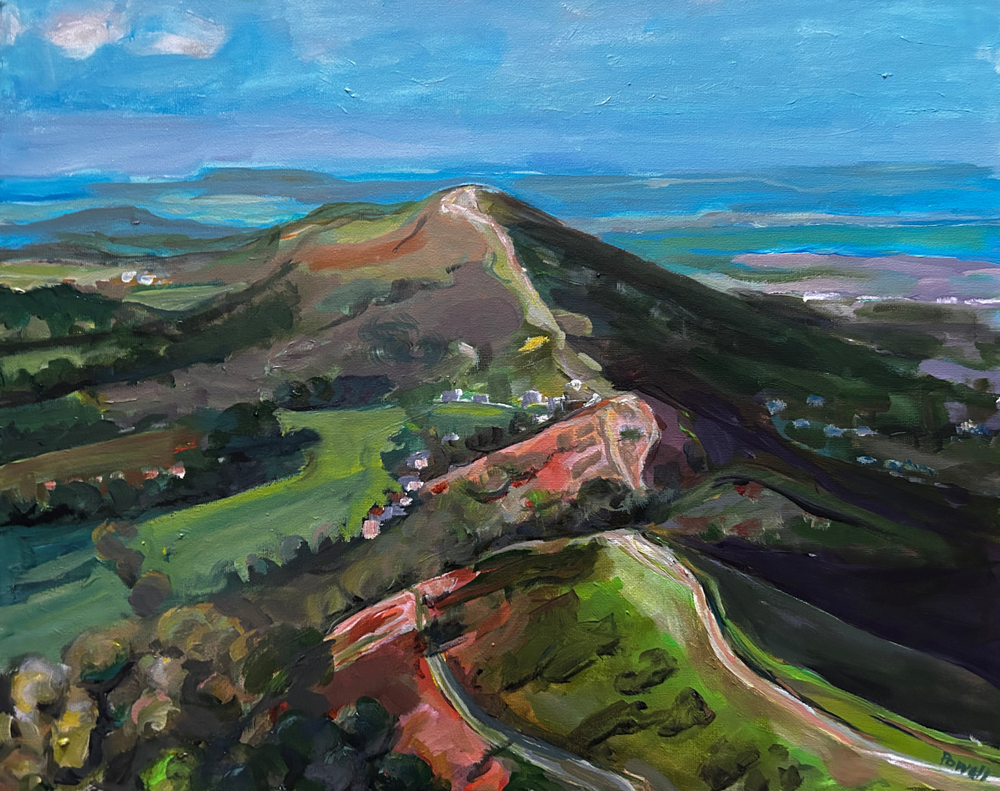 September hike on Malvern Hills, an original painting by Margaret powell, Worcestershire Artist. The picks the autumnal colours red and purple and greens are very beautiful afternoon in Worcestershire. Malvern Hills painting