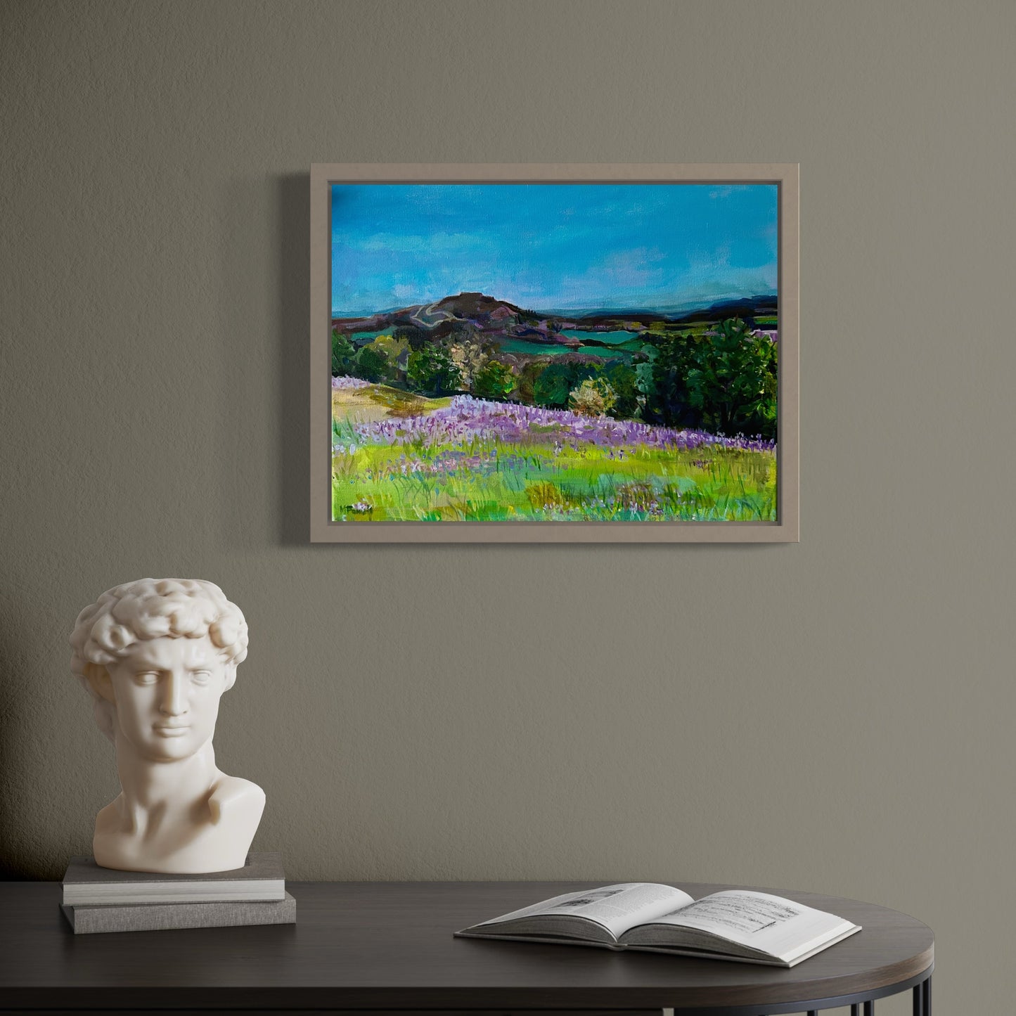 Framed Original painting of bluebells on the Malvern Hills by Worcestershire artist Margaret Powell.