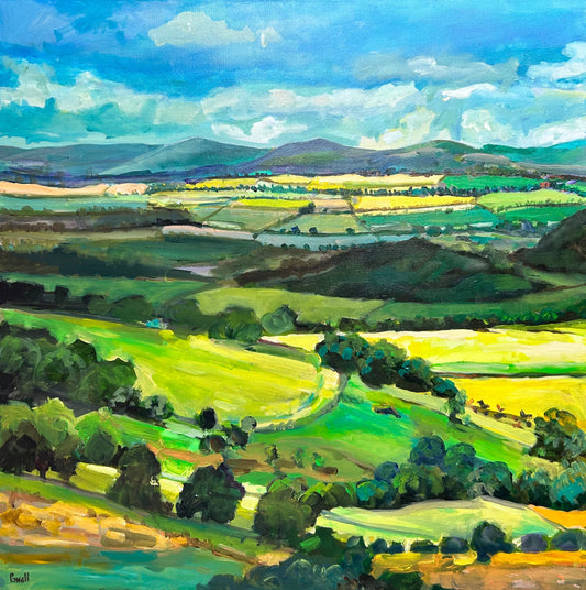 A square limited edition print of spring walk on theMalvern  Hills by Worcester Artist Margaret Powell. It depicts the hills on the Horizon and plenty of farmland and greenery towards the front of this painting Beautiful summer sky light cumulus clouds. Available in a range of sizes. Painting the pics are much love Worcestershire landscape.