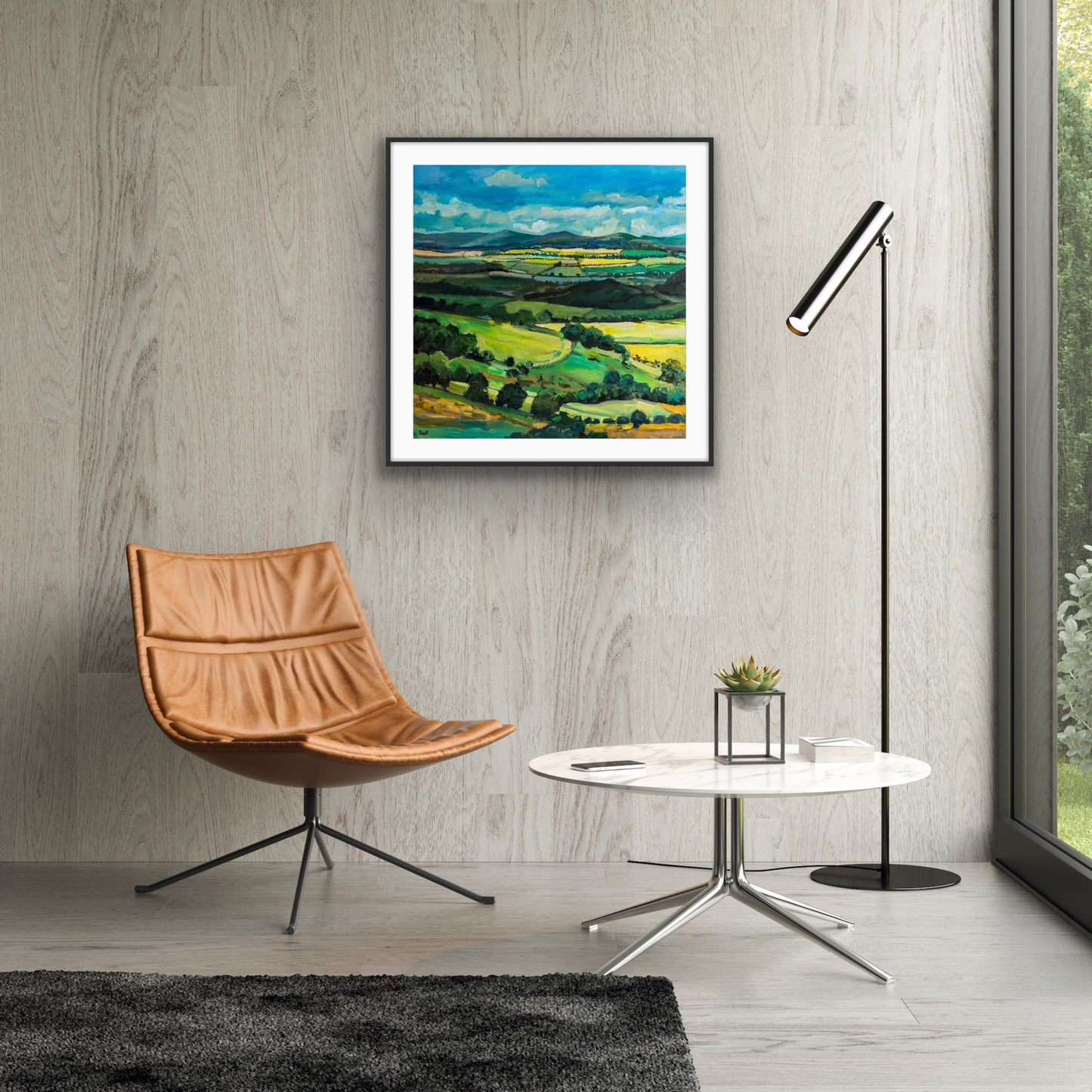 Malvern Hills spring walk is presented here in a room setting. Everyone’s favourite view of the hills in Worcestershire from an original painting in acrylic by Margaret Powell Artist.