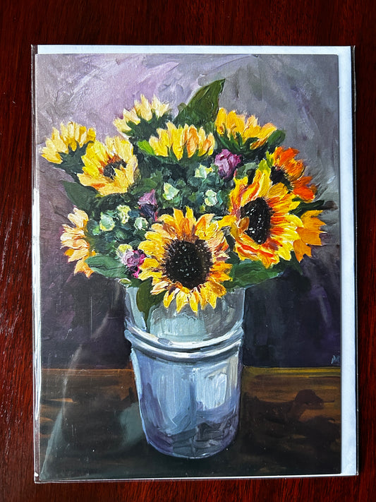 Sunflowers in a Tin Urn - Greetings Card