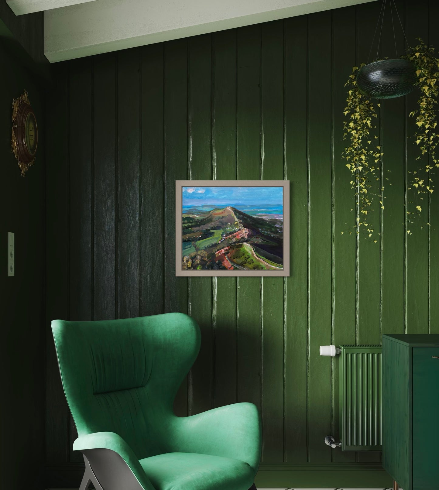 September hike onMalvern Hills is an original painting by Margaret powell Worcester Artist. Shown here in a room setting in a light wood frame. A much loved Worcestershire landscape.