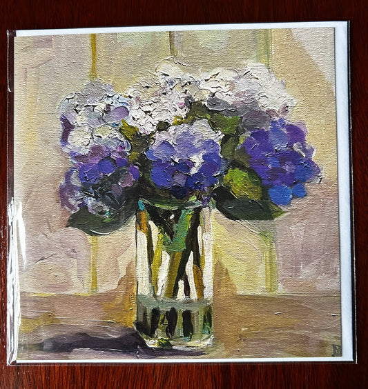 Hydrangeas in a Clear Vase - Greetings Card