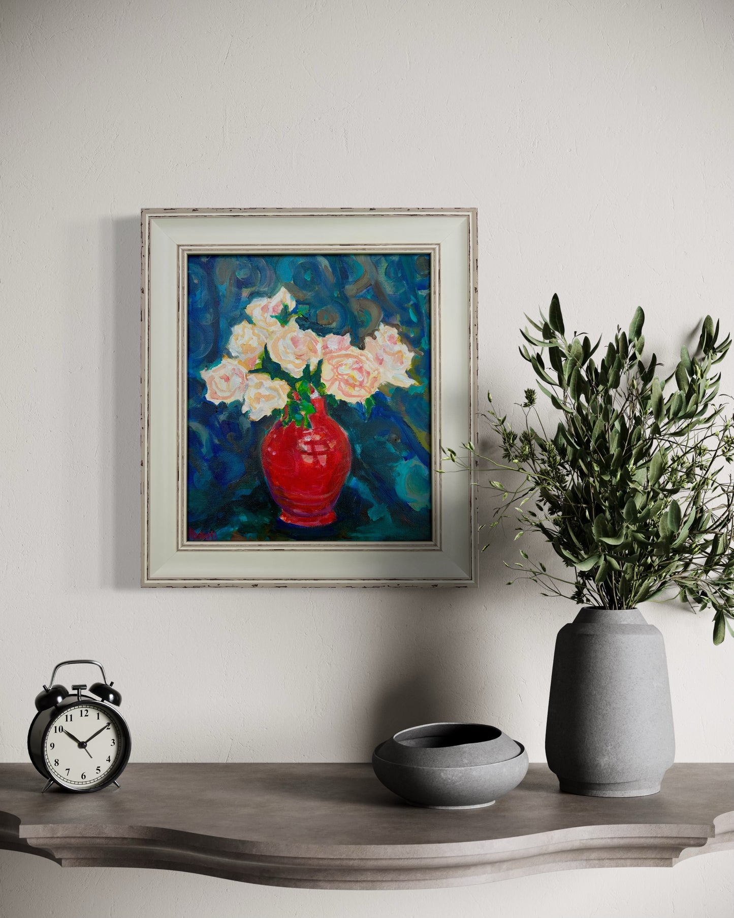 Blush Roses in a Red Vintage Vase original painting