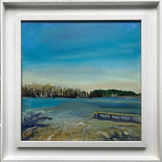 Jezioro Ukiel Olsztyn pejzaż sztuka wspolczesna obraz Margaret Powell. Spring’s Embrace mindfulness lake scape painting by Worcester artist Margaret Powell