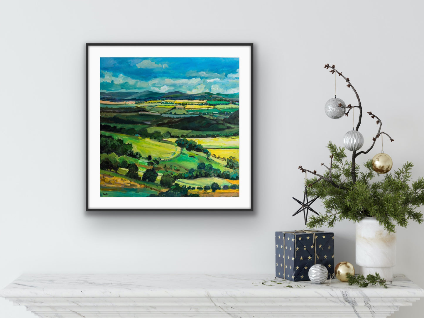 Spring walk on the Malvern Hills as a mounted and framed print is shown here in the room setting. This view of Malvern Hills is one of Worcestershire‘s favourite landscapes.