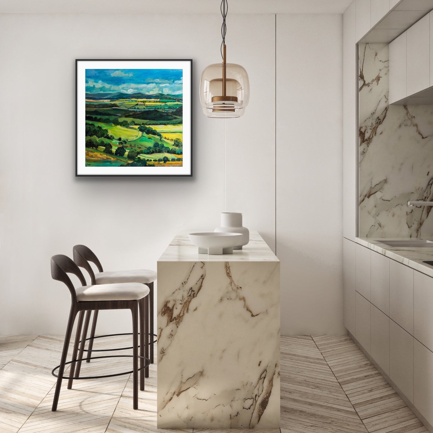 Malvern Hills. Spring walk in a room setting this print, a limited edition, printed in Malvern and designed in Worcester depicts Malvern Hills in the summer with the hills on the horizon and farmyard towards the front of the composition with a beautiful summer sky with a few cumulus clouds. Malvern gift