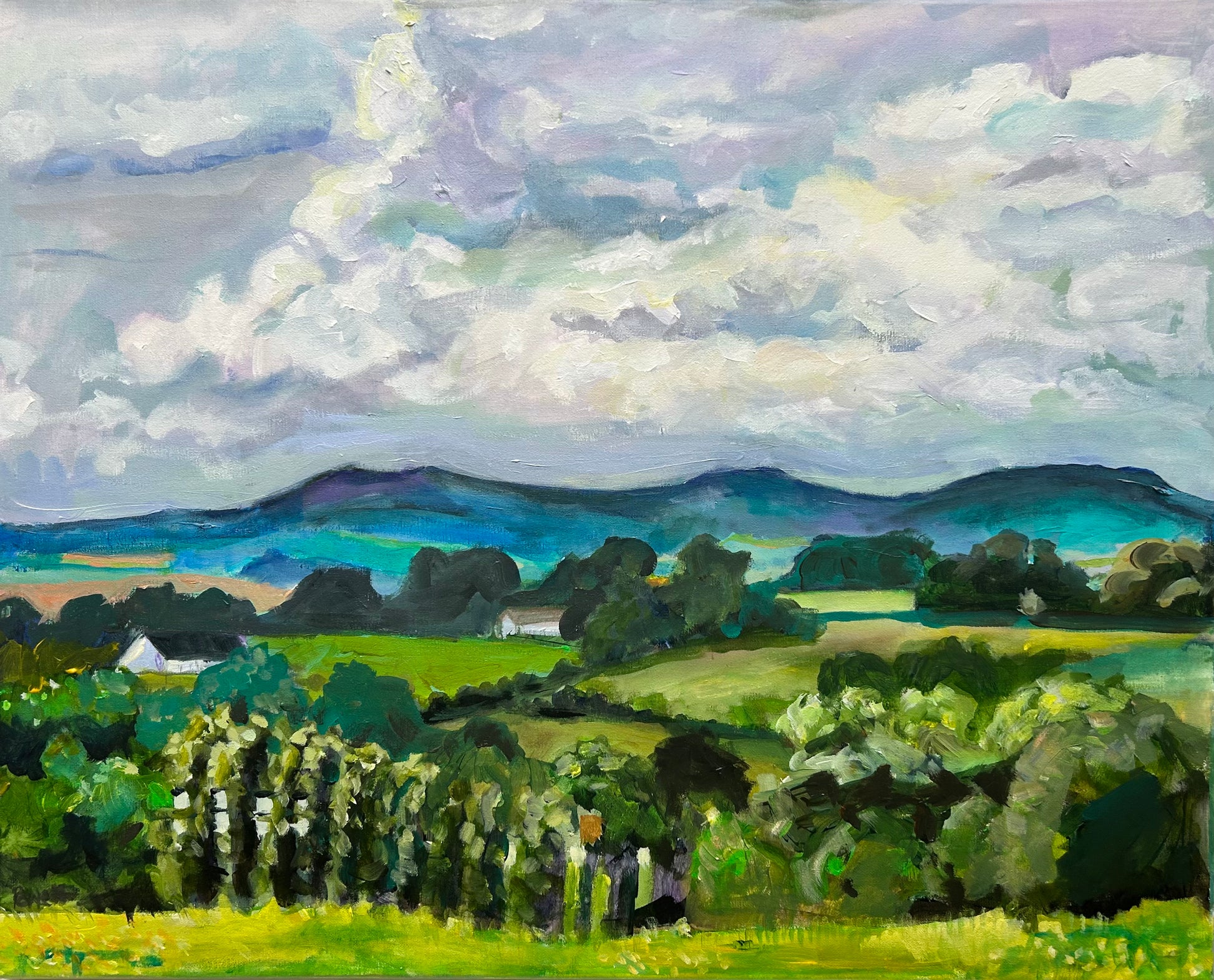 Malvern Hills in May, a larger size original painting by Margaret powell was the Artist. Painted in acrylic on stretched canvas. Malvern Hills on the horizon
