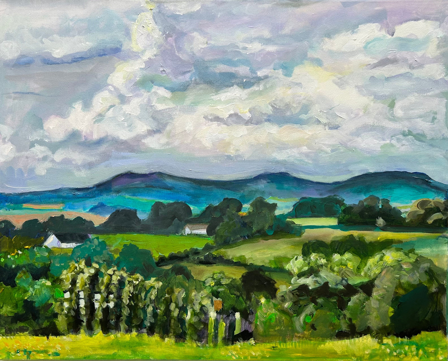 This limited edition print of an original painting by Margaret powell entitled Malvern Hills in May depicts spring, a large clouds on a bright but cool day over Malvern Hills. The Hills are in the horizon shown in blue and plenty of green pastures to the foreground different sizes are available to purchase.