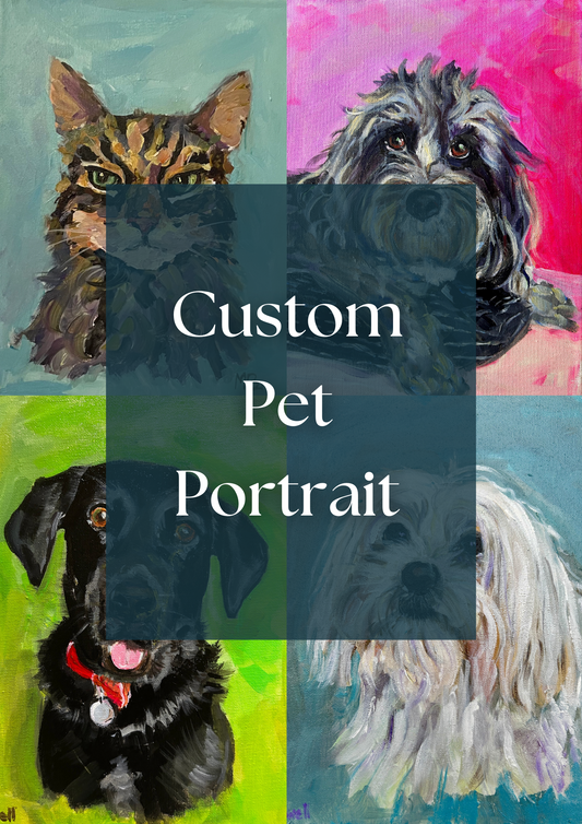Text Custom Pet Portrait written in a box over four paintings of pets. One cat and two dogs.