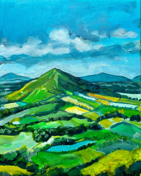 Print of British camp on Malvern Hills original painting by Worcester Artist Margaret Powell the peak a beautiful green Worcestershire landscape of hills and farmland with azure blue sky in the summer