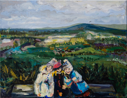 Three children giggling on Malvern hills painting. Christmas walk on Malvern hills fine art print by Margaret powell Worcester Artist.