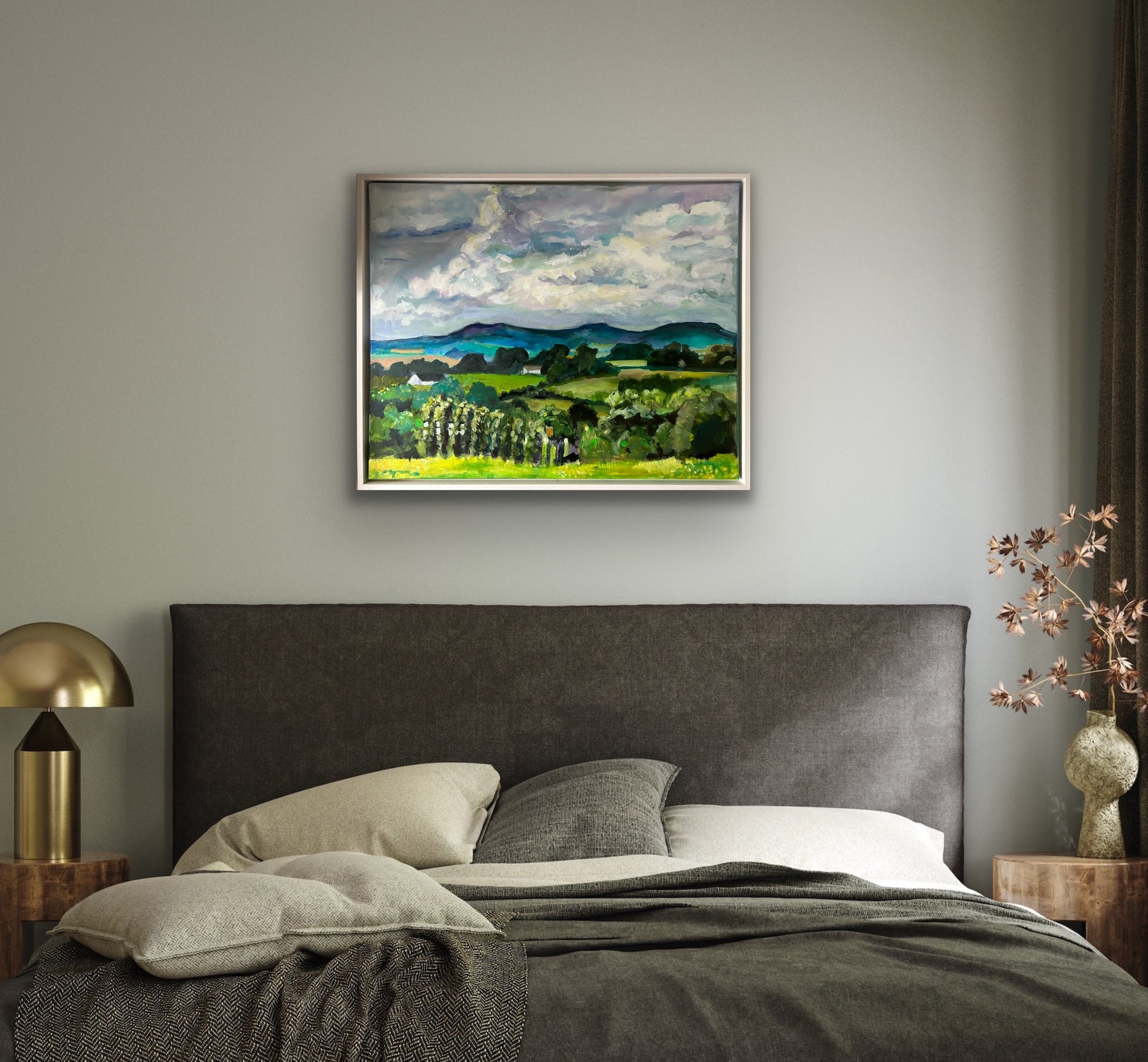 Malvern Hills in May an original painting by Worcester Artist Margaret powell is shown here in a bedroom setting