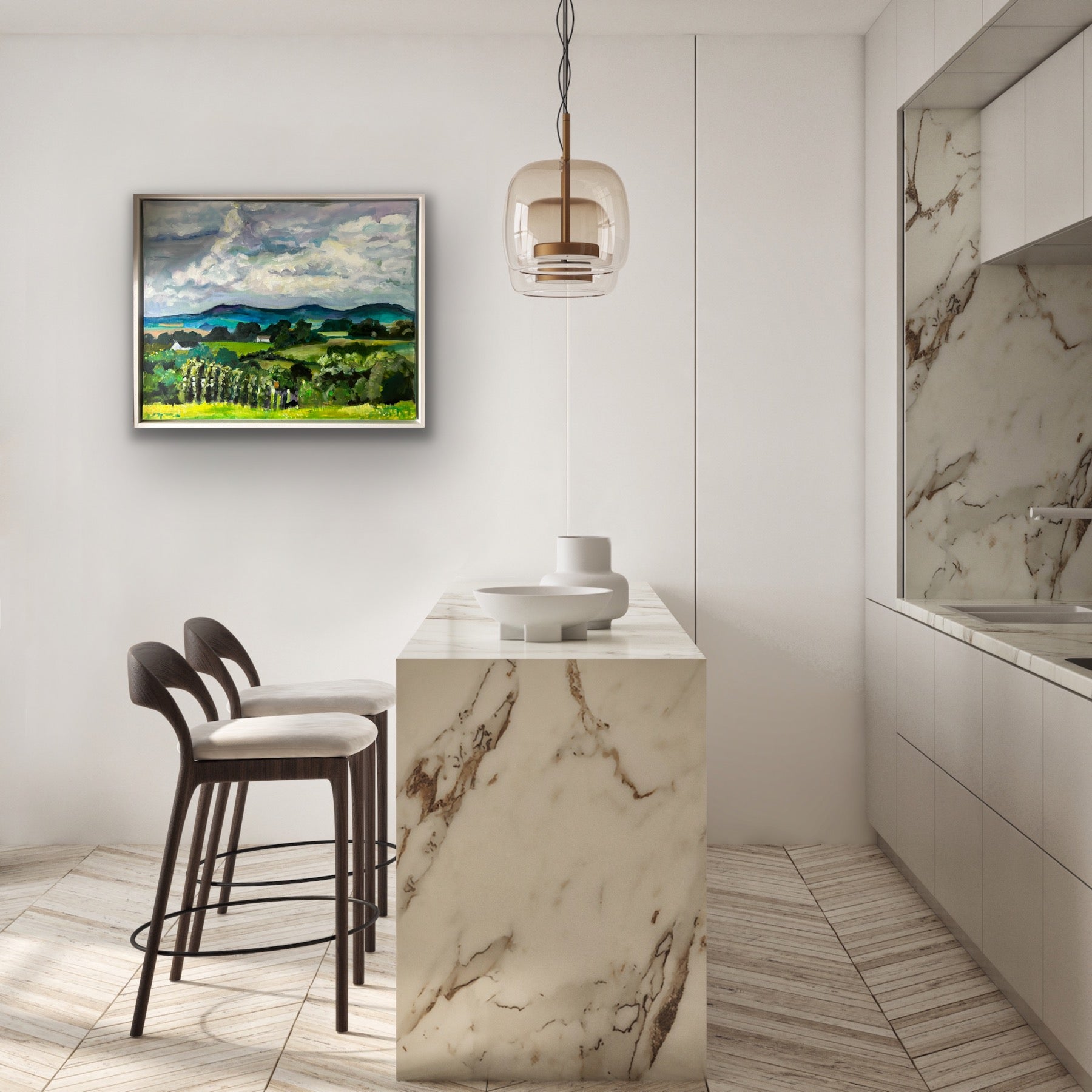 Malvern Hills in early summer an original acrylic painting by Worcestershire Artist Margaret Powell shown here in a kitchen diner setting