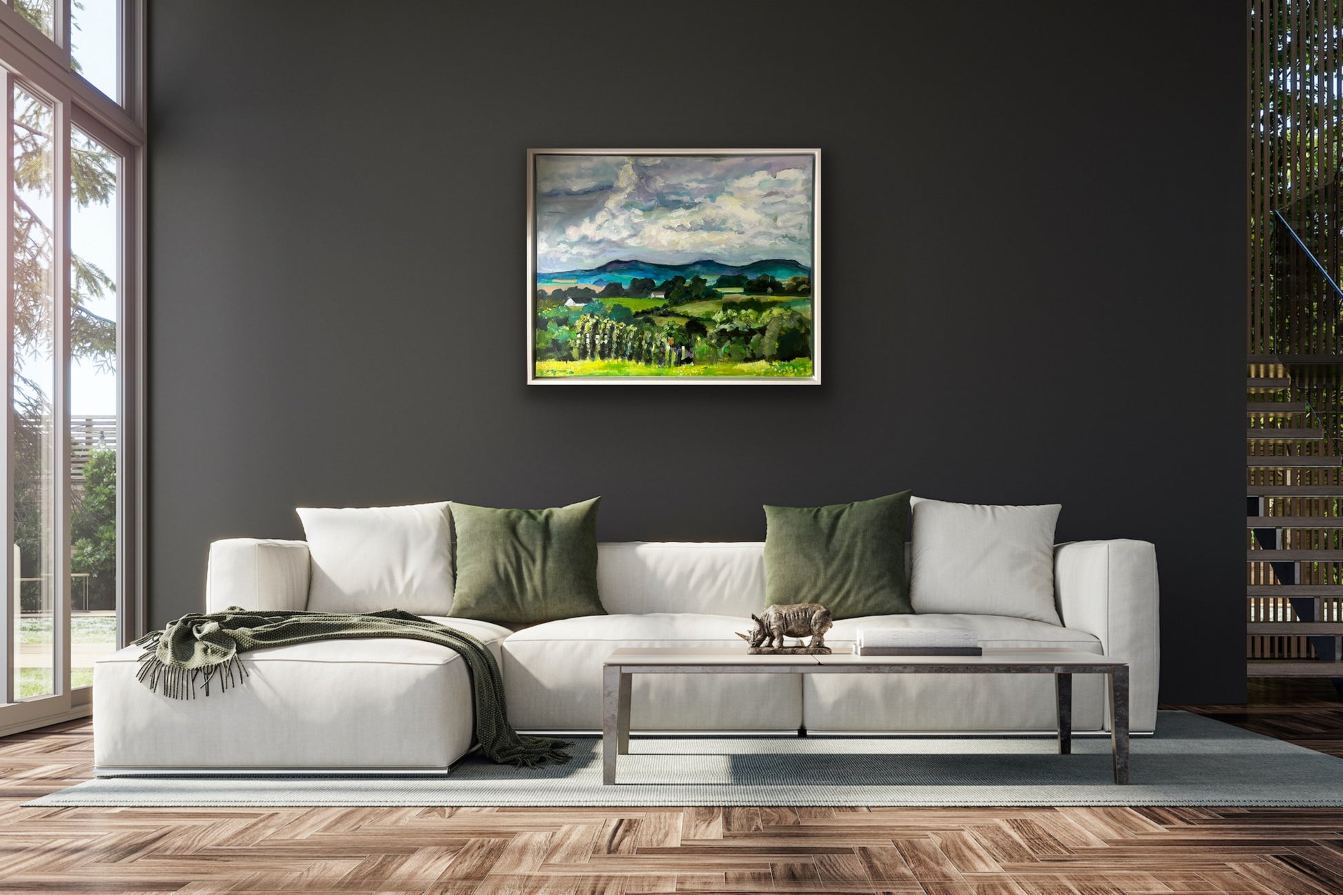 Malvern Hills in May , An original acrylic painting by Margaret powell Worcestershire Artist shown here in a room setting and in a frame.