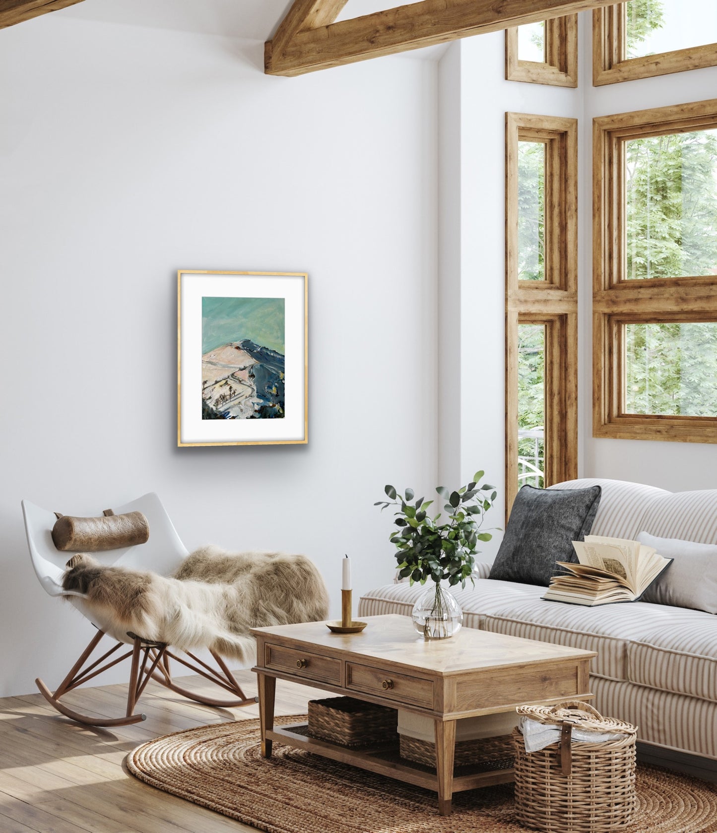Worcestershire in snow Worcestershire Beacon Malvern Hills in snow limited edition print from an original painting by Worcester Artist to Margaret powell shown here in a room setting