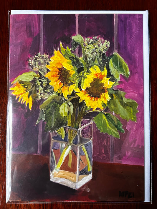Farm Sunflowers and Sedum in a Clear Vase - Greetings Card