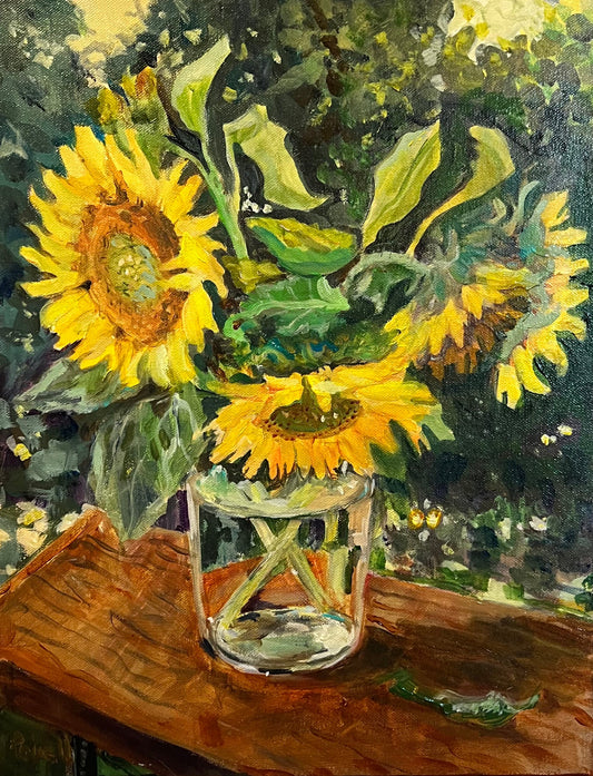 Fine art painting of a vase of sunflowers displayed on a wooden tabletop. By Worcester artist Margaret Powell.