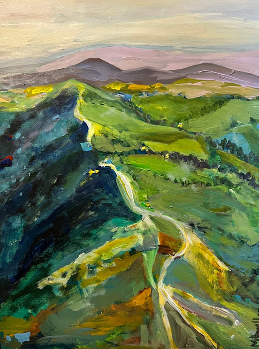 Malvern Hills Rhapsody - a limited edition print from an original painting by Margaret powell shows the Malvern Hills Ridge at  sunrise with bright green pastures and melancholic sky