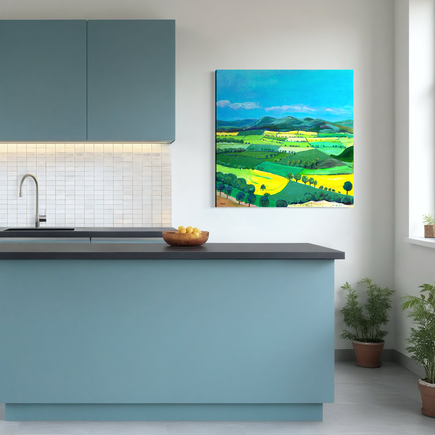 In this extra large original painting of the malvern Hills the Artist Margaret powell shows more Ridge and farmland on a grand scale