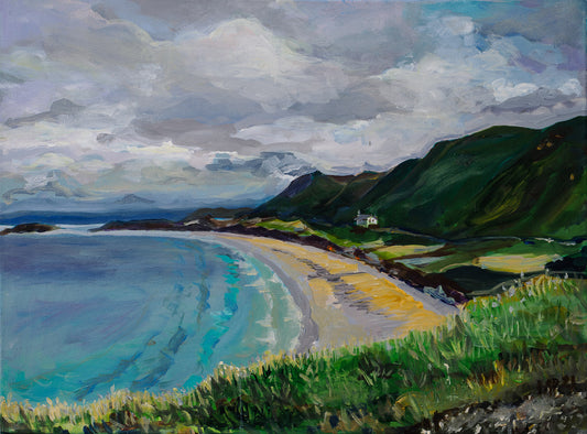 Rhossili Bay before a storm by Margaret Powell Worcester Artist. This is a limited edition fine art prints of her original painting which depicts beautiful blue still water on the Rossley beach surrounded by green slopes and a grassy bank with grey clouds.