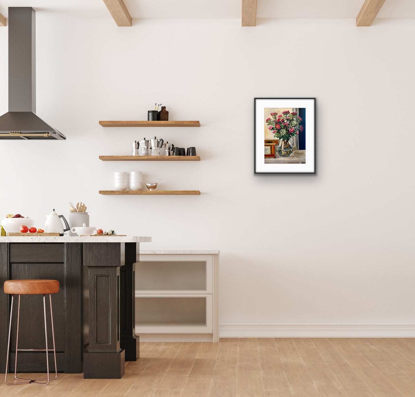Framed print of Asters in the Sitting Room fine art painting. Displayed on a white wall in a kitchen.