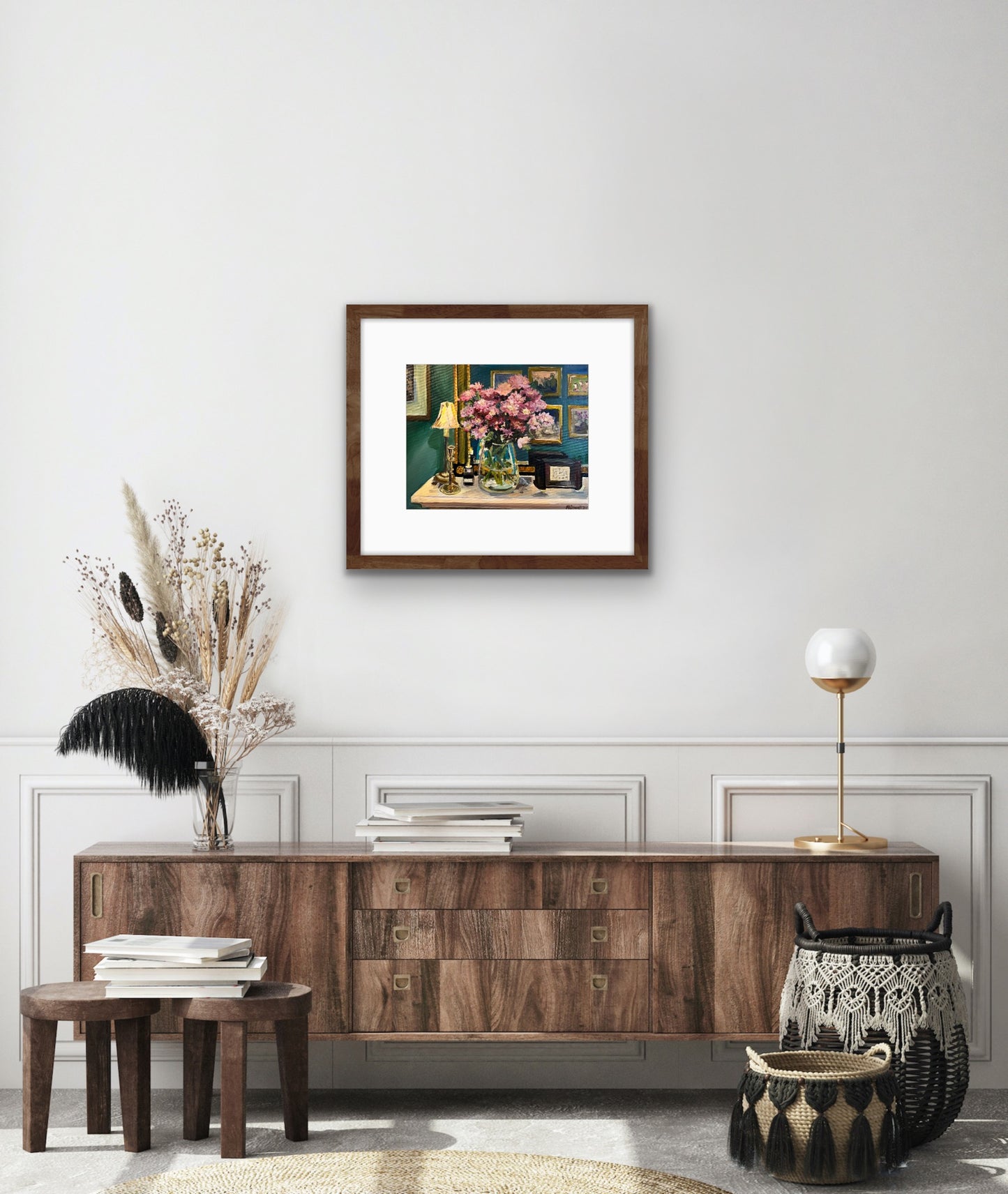 Print of Original painting by Worcestershire artist Margaret Powell of Asters in the Dining Room. Displayed in a brown frame with white mount against a white wall with wooden cabinet and other furniture in front.