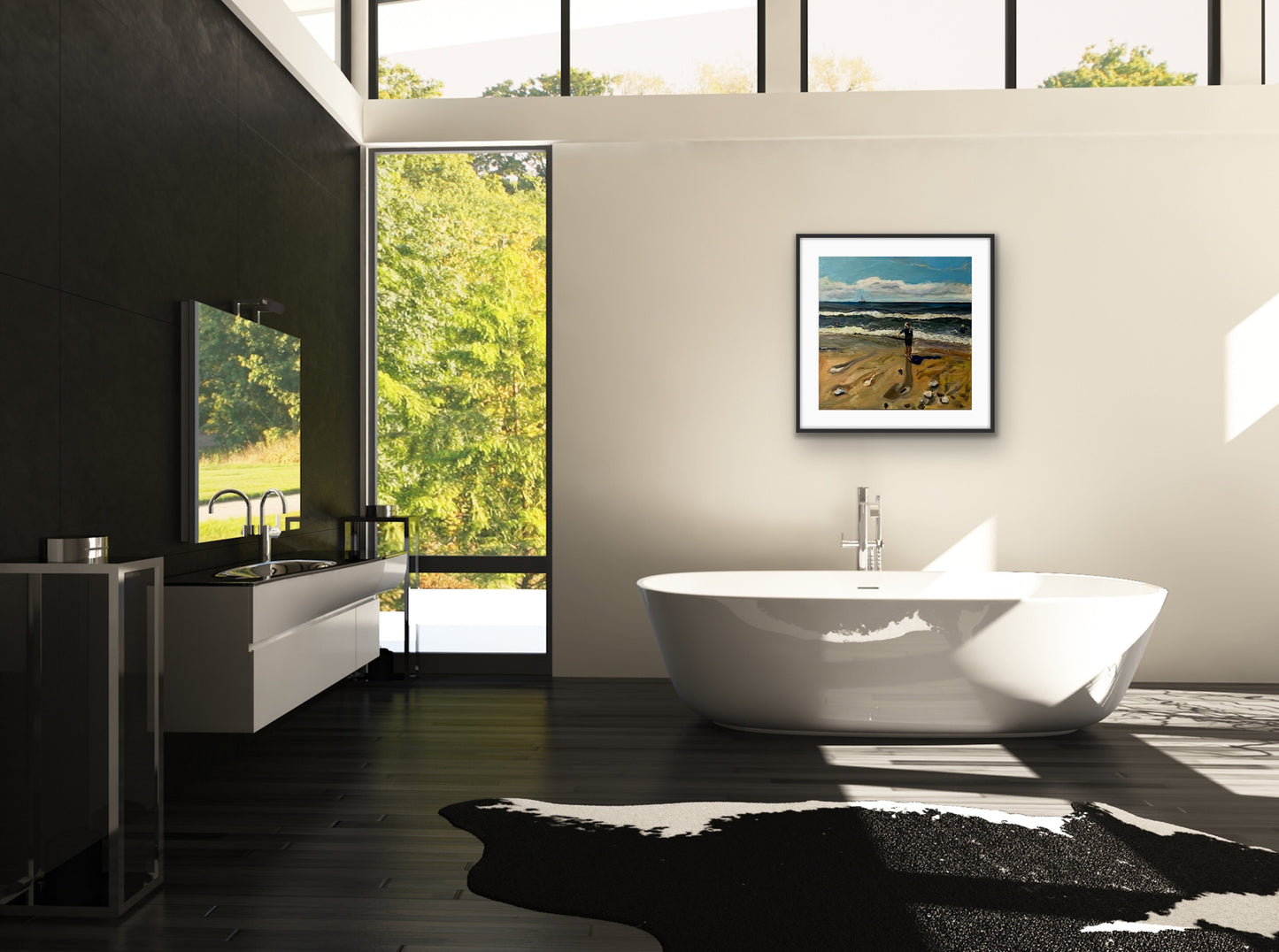 Print of original painting of Girl on Caswell Bay Beach by Margaret Powell. Displayed in black frame with white mount on white wall with bath in front.