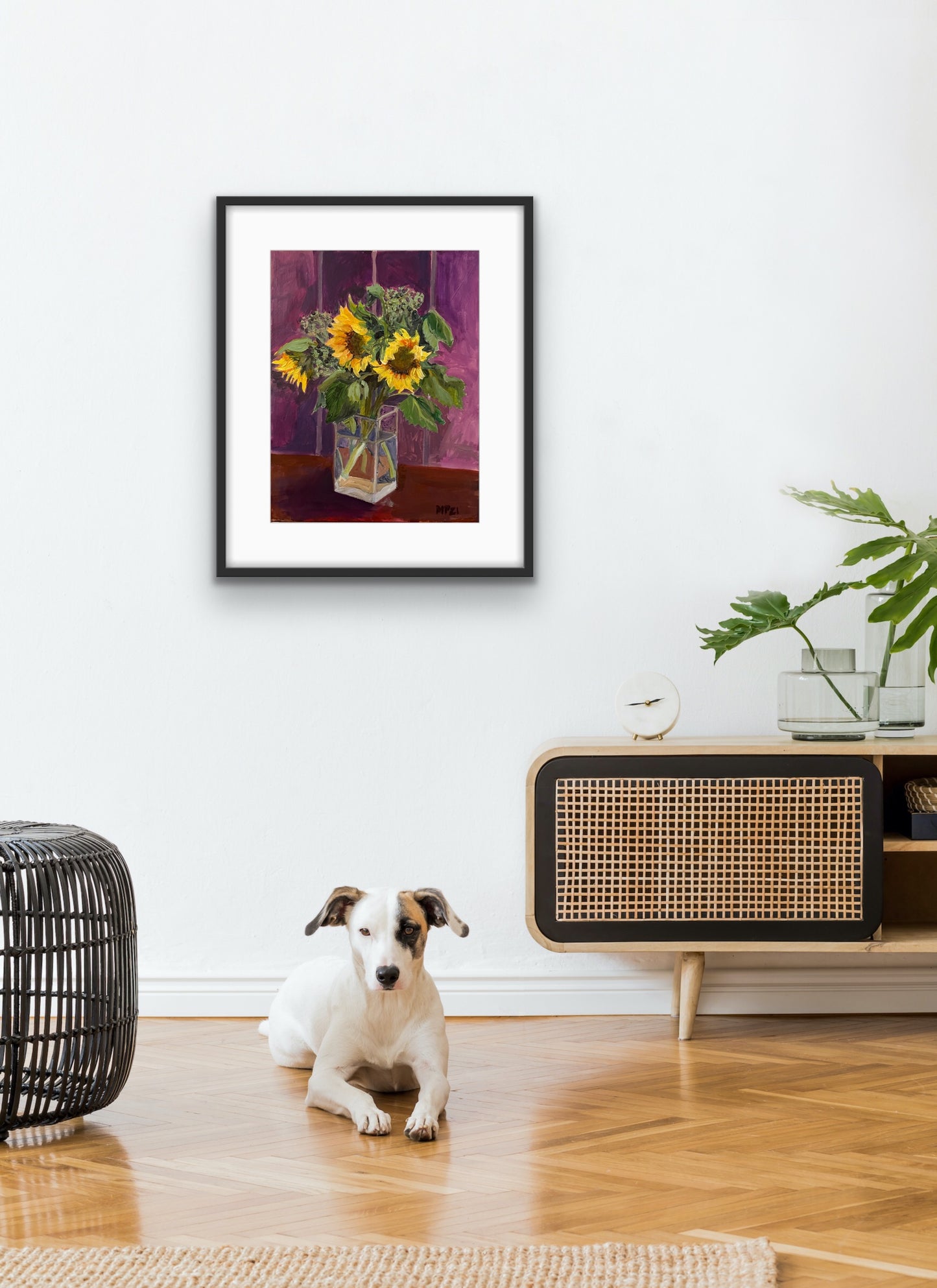 Original painting by Margaret Powell Worcestershire artist of Farm Sunflowers and Sedum in a Clear Vase. Displayed in a black frame with white mount against a white wall with white and brown dog in front.