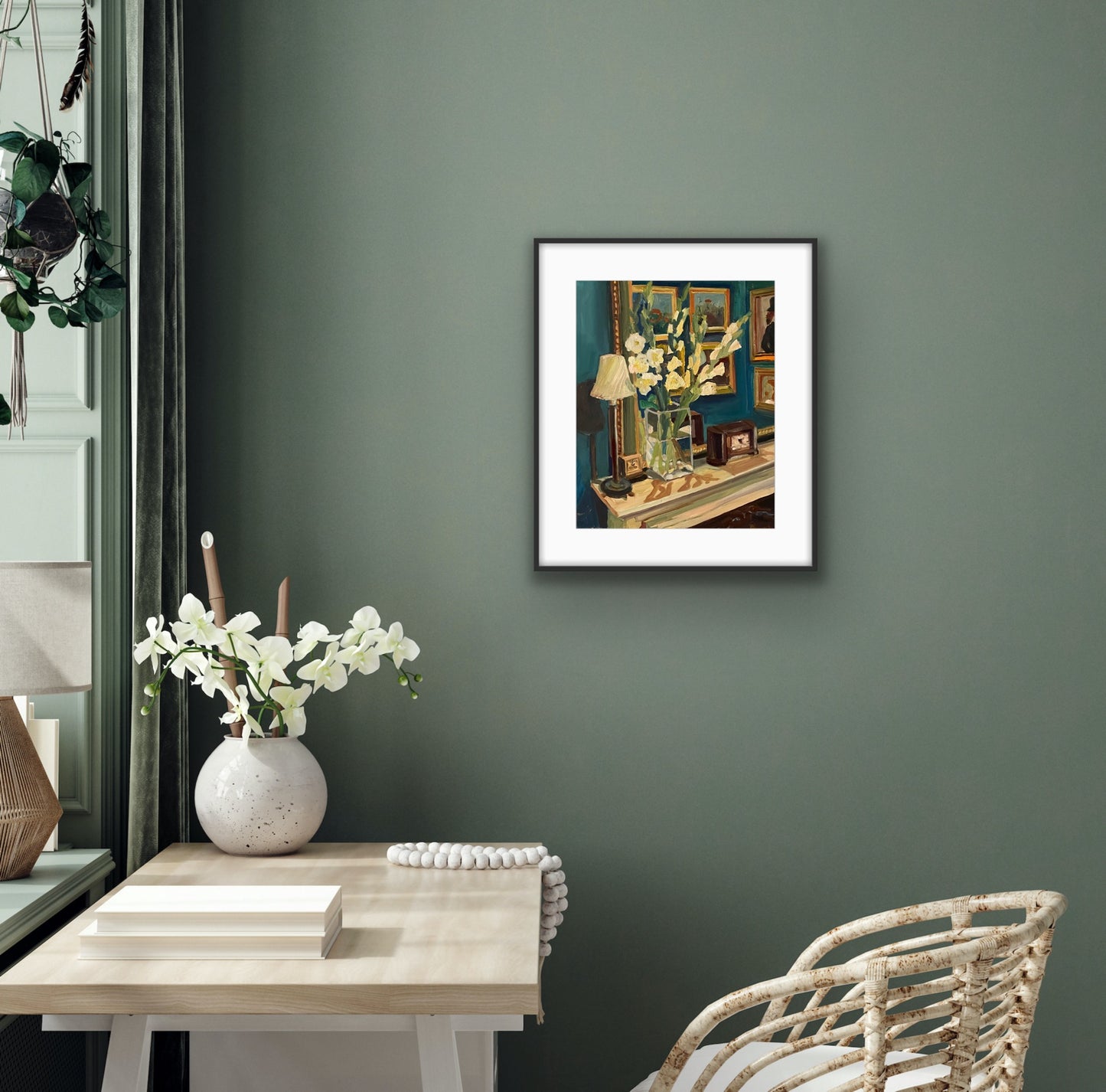 Print of Gladioli in the Dining Room by Margaret Powell. Displayed in a frame with furniture in front.