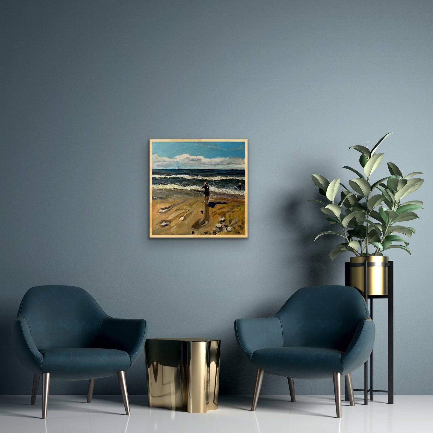 Original painting of Girl on Caswell Bay Beach by Margaret Powell. Displayed on light blue wall with furniture in front.