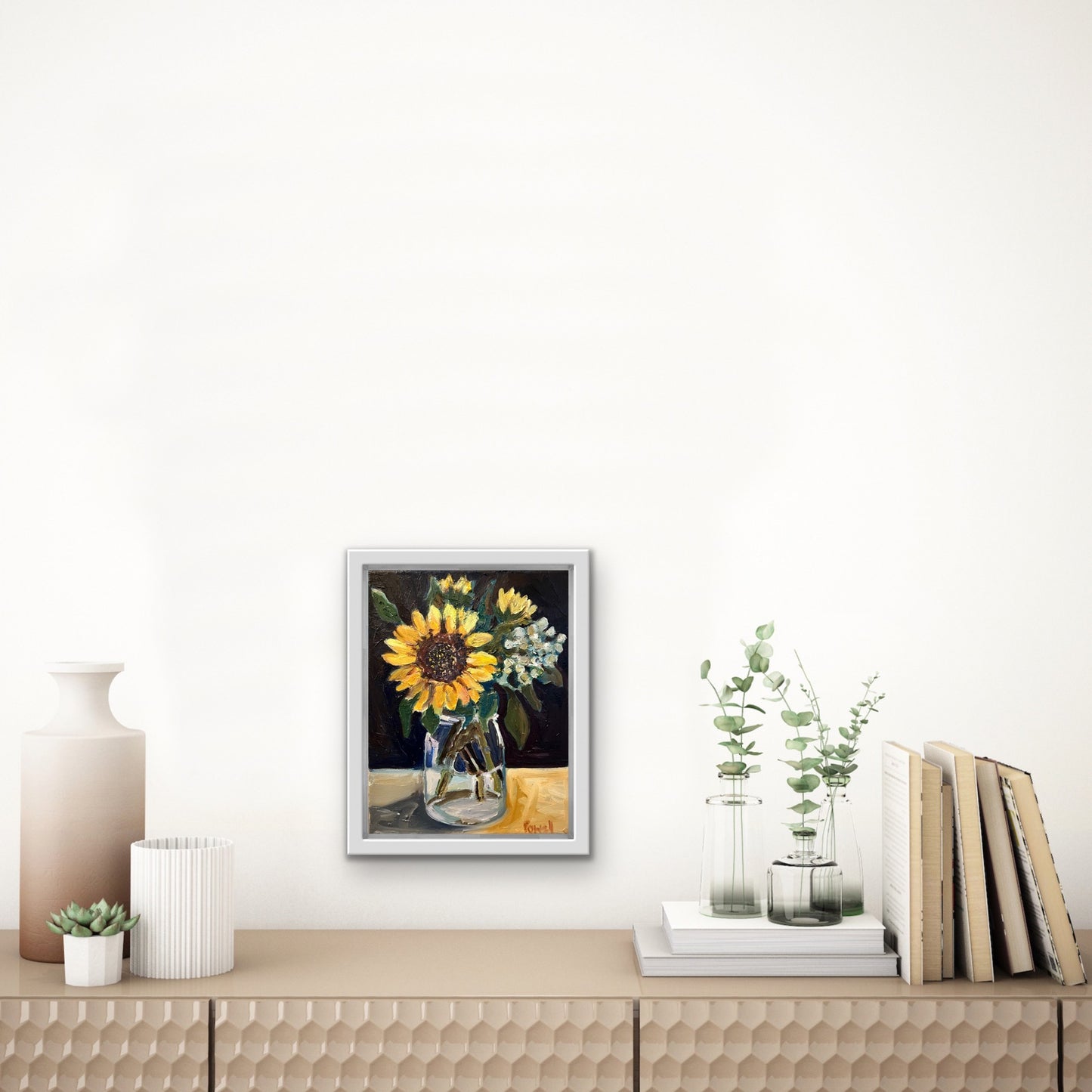 Sunflowers and Sedum in a Jar original painting