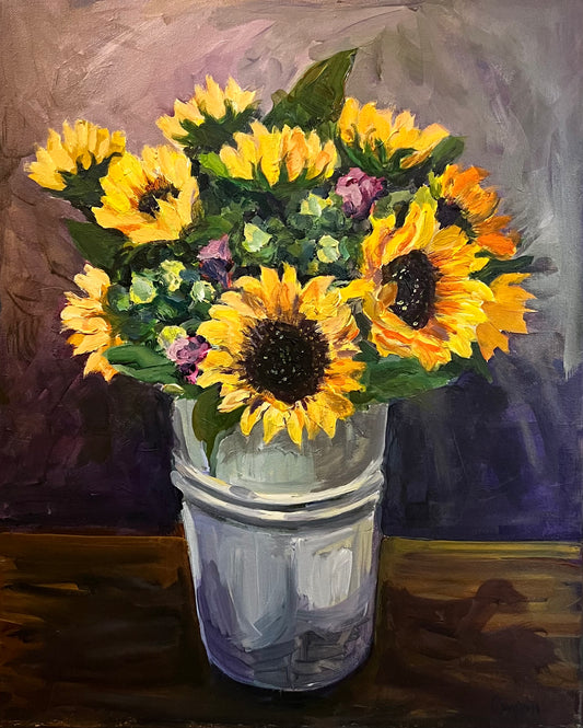 Sunflowers in a Tin Jar original painting