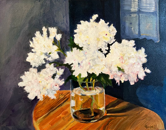 White hydrangeas in vase Ercol table original acrylic painting by Margaret Powell Worcester artist