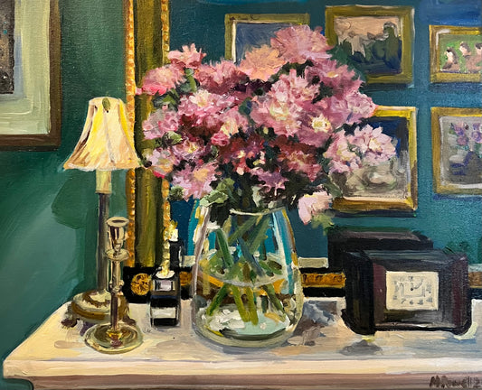 Original painting by Worcestershire artist Margaret Powell of Asters in the Dining Room.