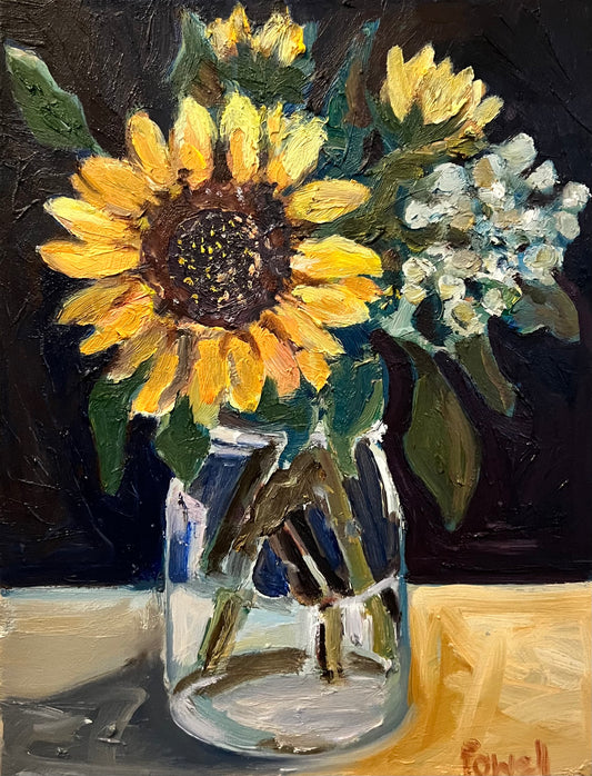Sunflowers and Sedum in a Jar original painting