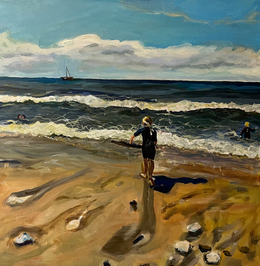 Original painting of Girl on Caswell Bay Beach by Margaret Powell.
