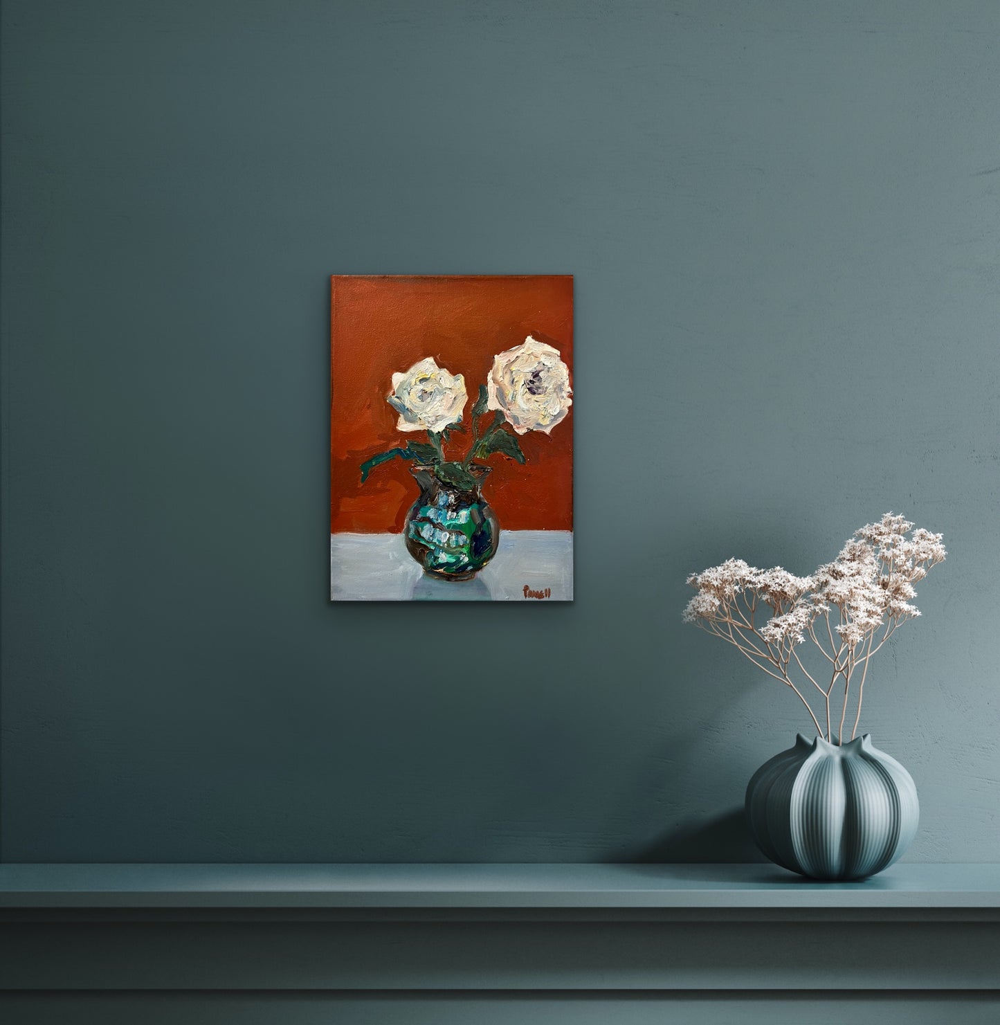 Roses in a Jade Vintage Jar original painting