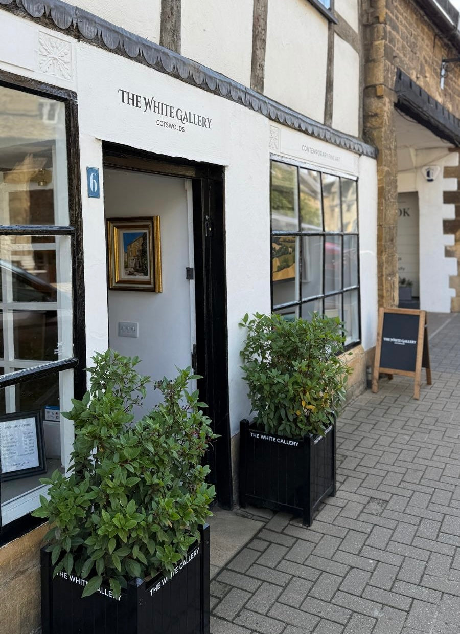 Historic black-and-white building in Chipping Camden housing The White Gallery where Worcester Artist Margaret powell exhibits her work