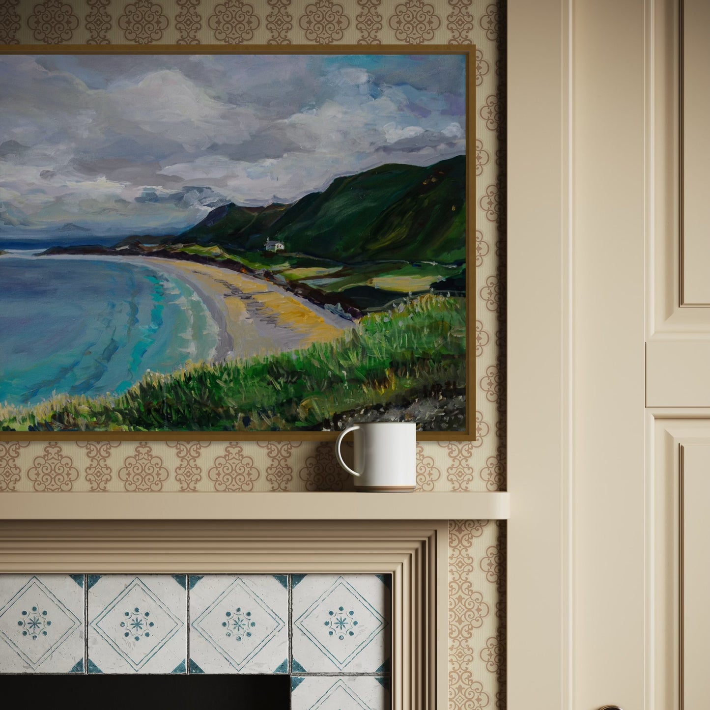 Original painting of Rhossili Bay in the Gower, Wales before a storm. On the four front is the grassy bank going down to a large sway of seawater with the cloudy sky in the background - by Worcester Artist Margaret Powell.
