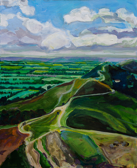 Large original painting of Malvern hills in Worcestershire- at the forefront there is Malvern hills ridge which follows into the distance. Above the scenery there is a blue sky with large white clouds.