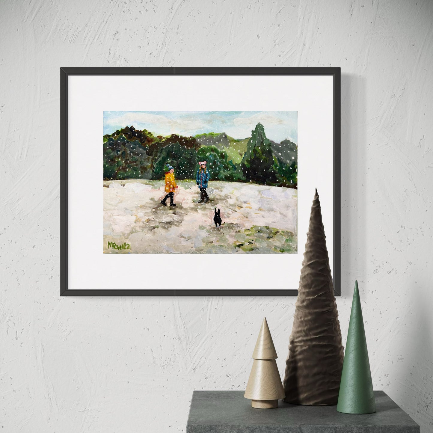 Children playing in the snow in Lido Park Droitwich spa limited edition print from an original painting by Margaret Powell Worcestershire Artist