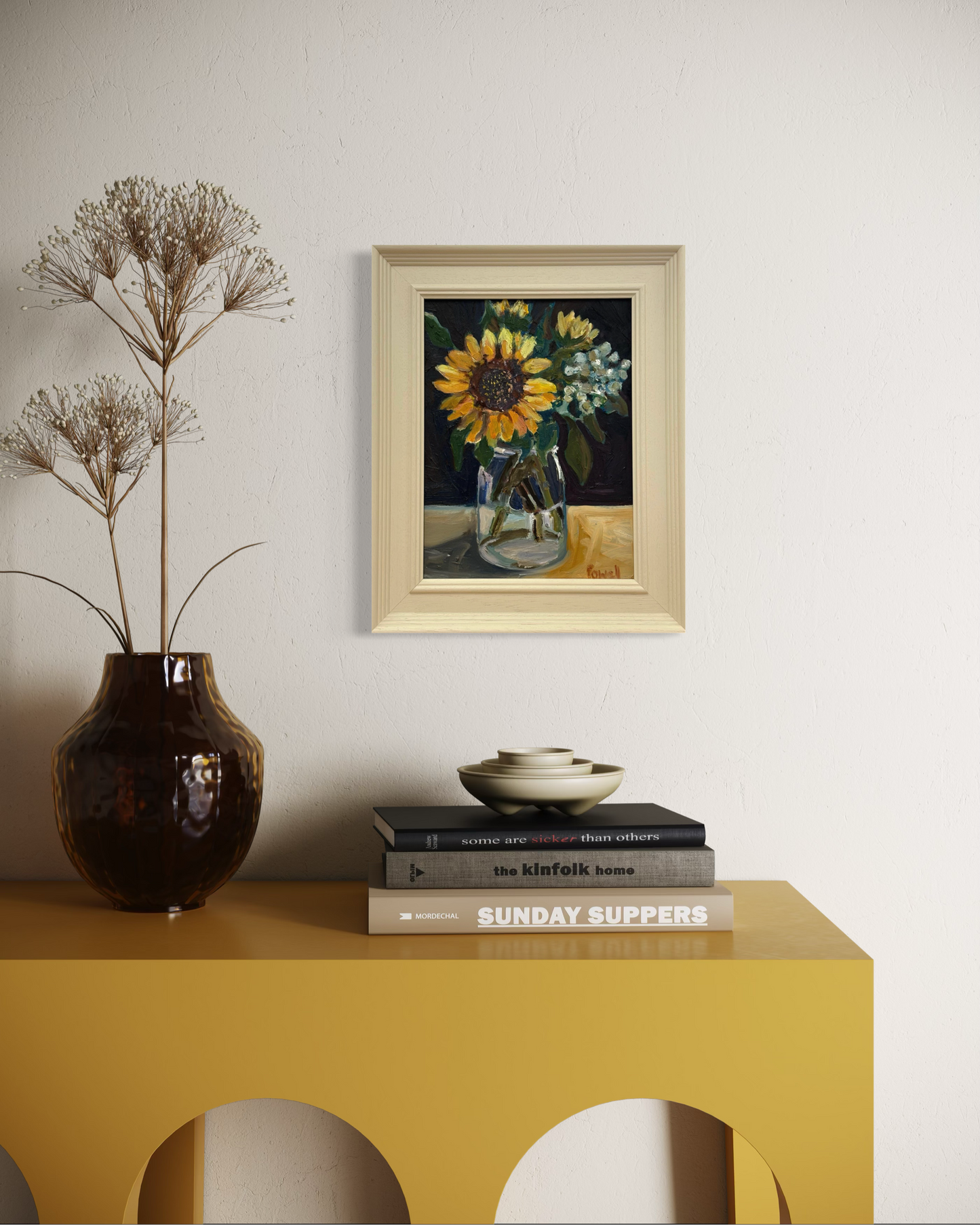 Sunflowers and Sedum in a Jar original painting