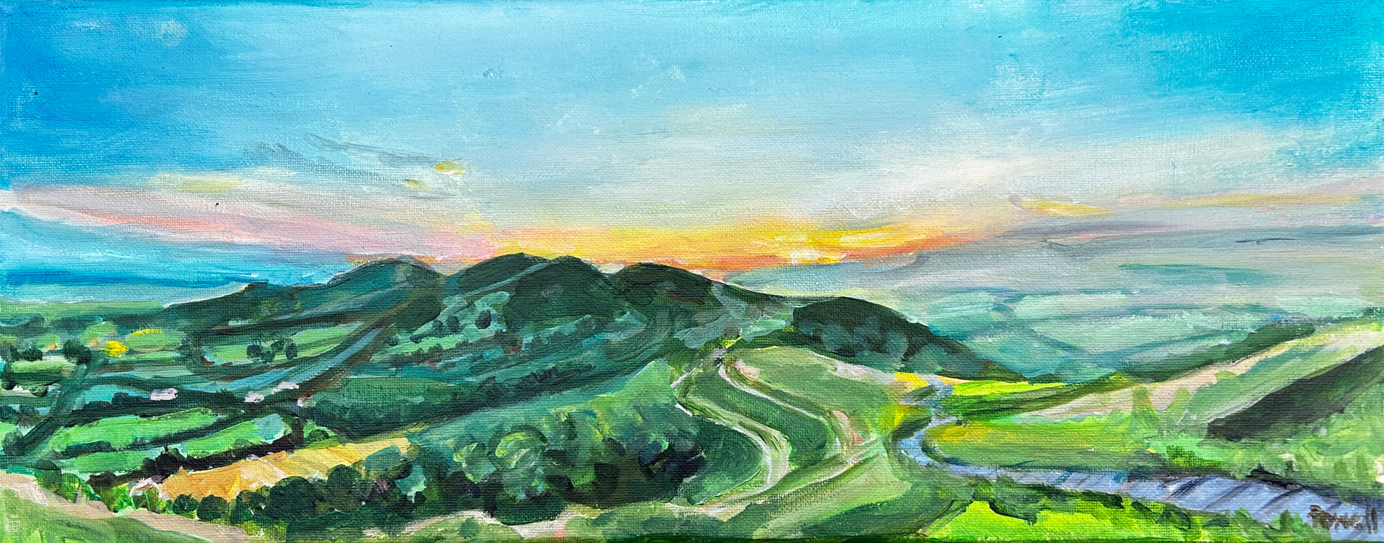 Original painting of Dawn at the Malvern Hills by Worcestershire Artist Margaret Powell