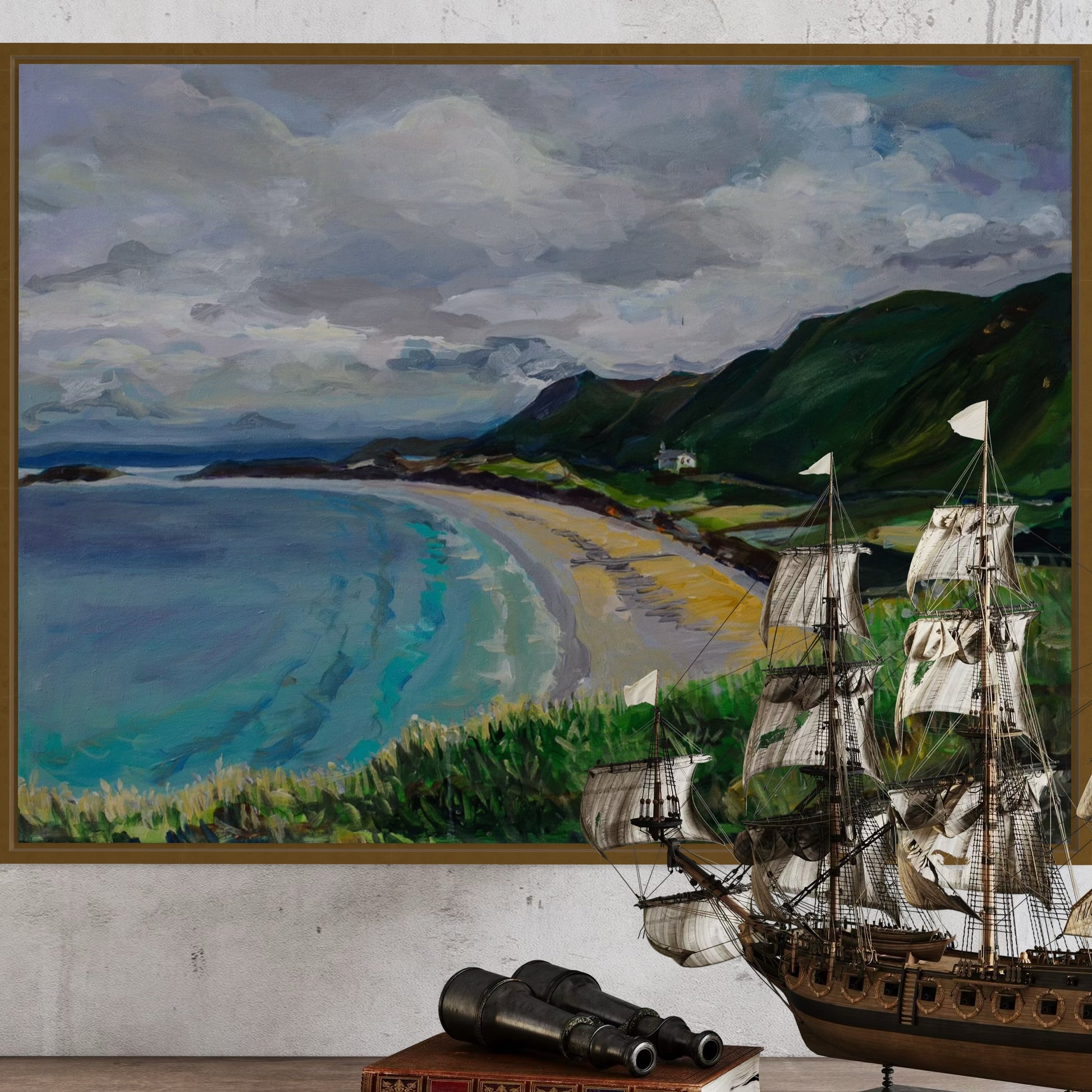 A large original acrylic painting of Rossili Bay in Wales before a storm depicting come see Sandy Beach a grassy bank and clouds. By Worcester Artist Margaret Powell.