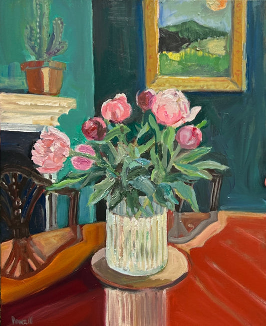 In this original painting by Worcester Artist Margaret Powell we have half a dozen blush pink peonies casually arranged in an antique crystal vase, placed on a antique mahogany table in a dining room setting. Also present is a victorian fireplace with a cactus plant on the mantle please and a painting on the wall.