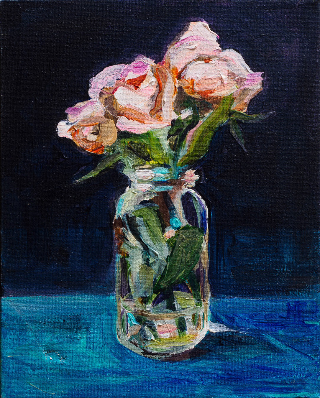 Painting of pink flowers in a glass jar on a dark background